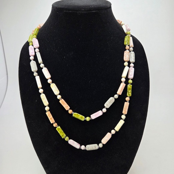 Vintage Long Beaded Necklace Pink Green Beige Gray Pastel Colorblock 49 inch - Picture 1 of 7